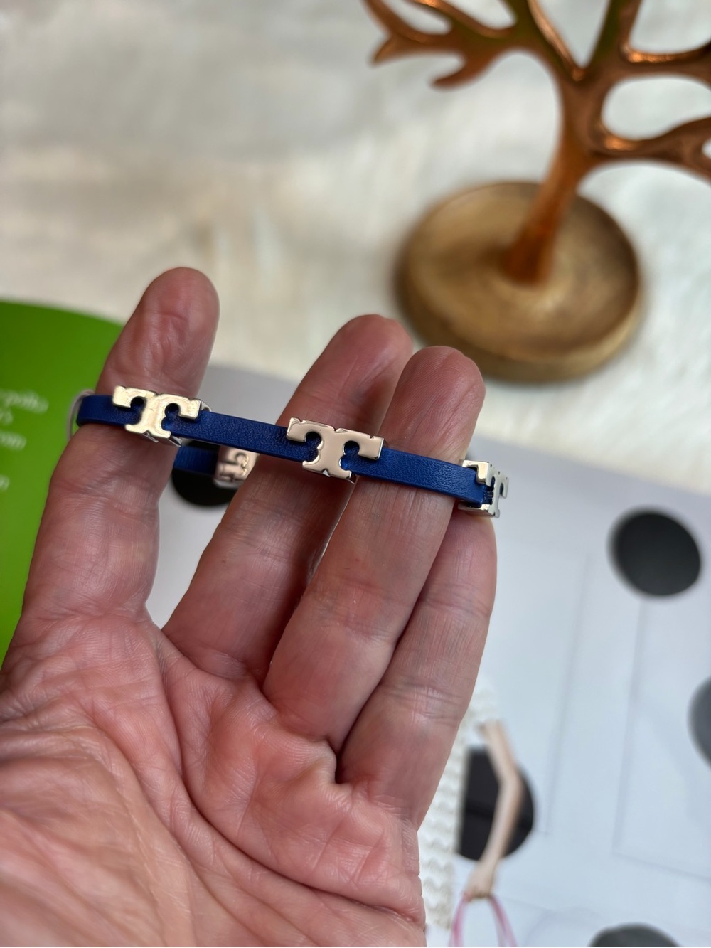 Tory Burch Blue Leather Double‑T Strap Bracelet with Gold Logo Charm - Picture 4 of 8